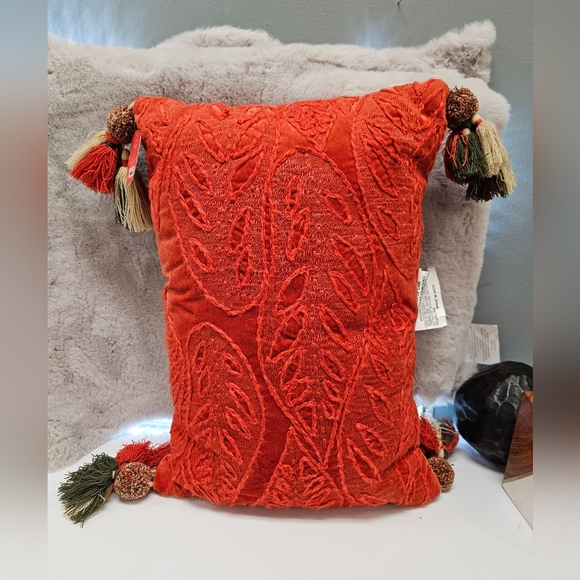 Oblong Embroidered Leaf Pattern Accent Pillow Rust - Picture 4 of 9